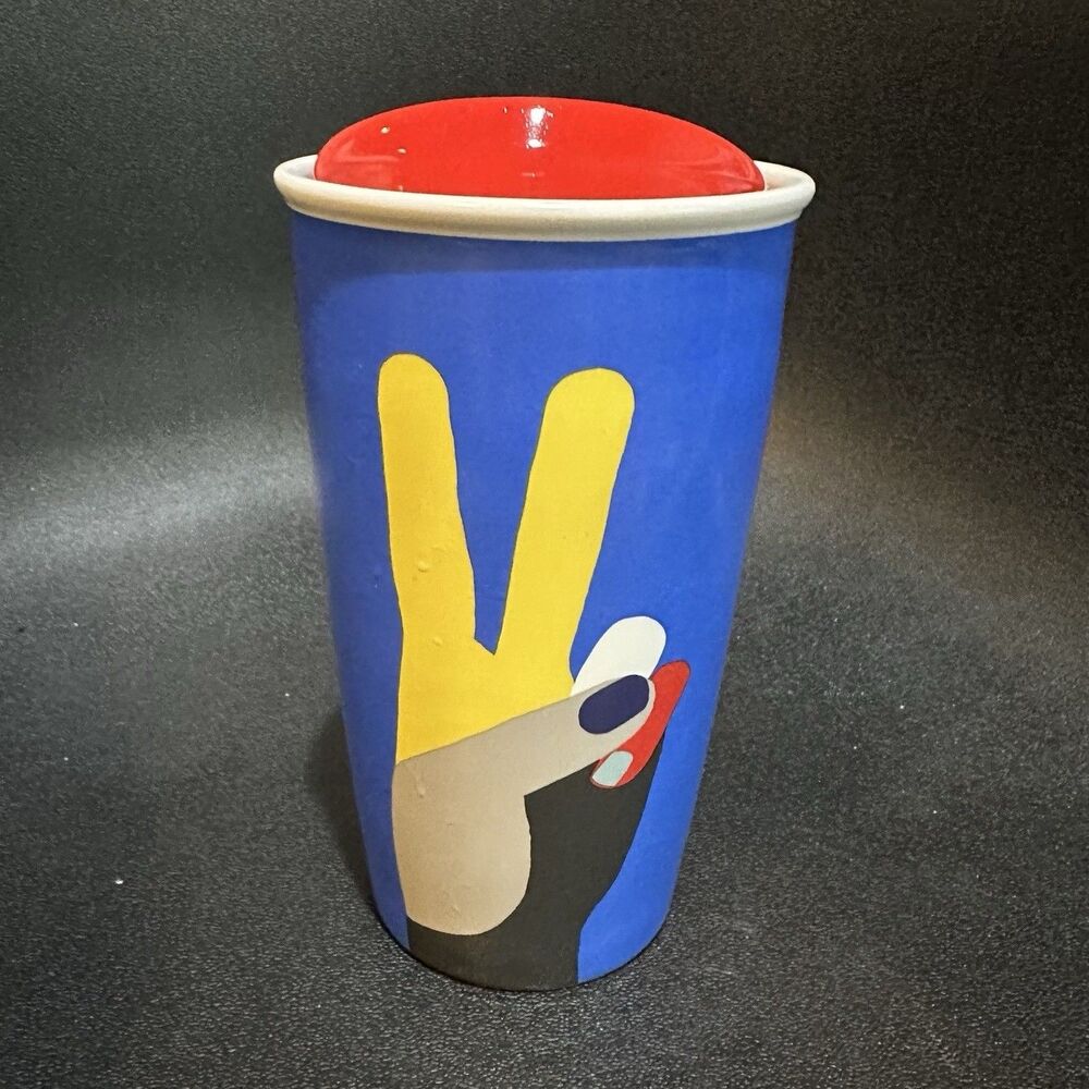 Starbucks Ceramic Travel Mug Rare Collectible Peace Sign Blue Red Yellow 12oz